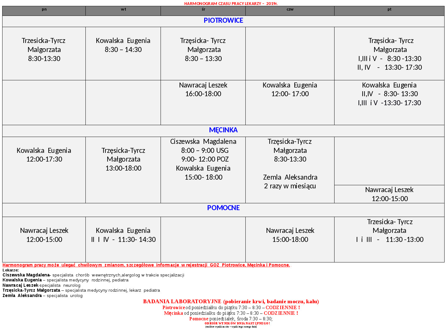 Harmonogram Czasu Pracy Lekarzy - Gmina Męcinka