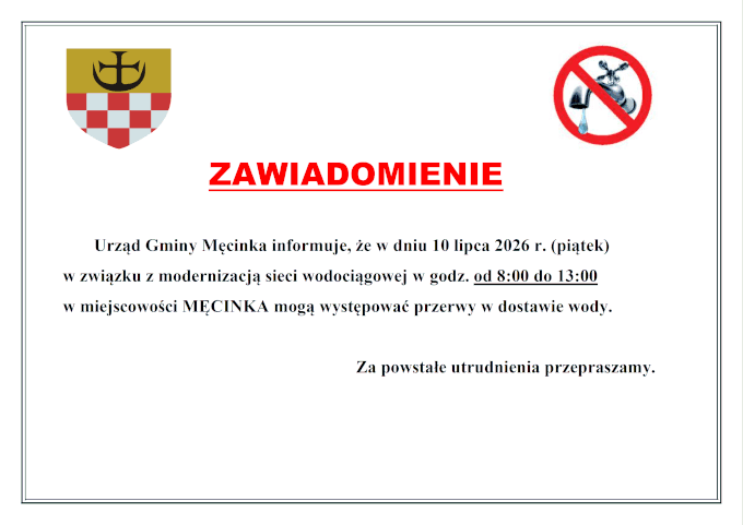 Zawiadomienie o przerwie w dostawie wody dnia 10 lipca 2026 r